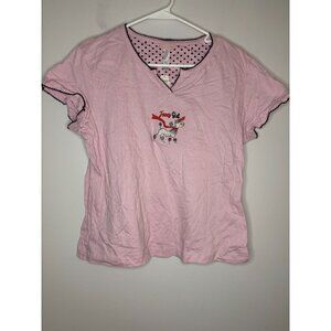 STEVE NEW Pink Lady Fancy Girl Short Slv Tee Womens L Ruffle V-Neck Poodle